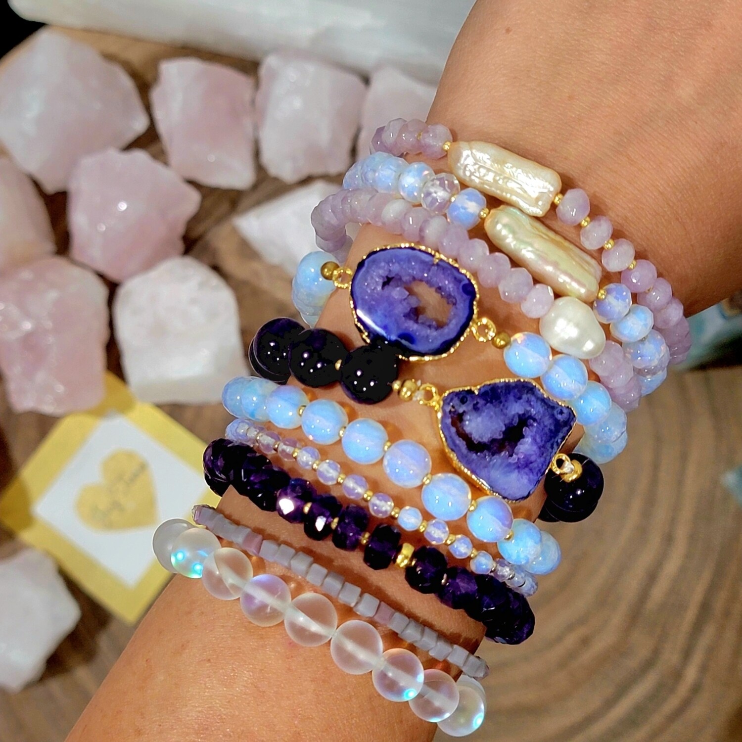 DRUZY geode bracelets with opalite beads. Gemstone beads and genuine geode connector fron India.