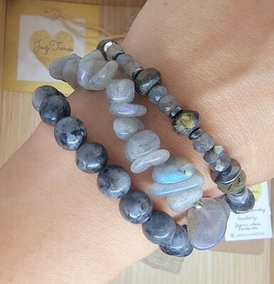 Mystic Labradorite Stack. Nuggets, rondelle, and a smooth Set of 3 beaded bracelets for women.
