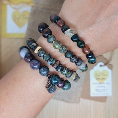 Indian agates Stack. Mixed agates, jasper, and wooden chips beaded bracelets 
