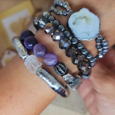  White druzy geode and amethyst with hematite stack of 5