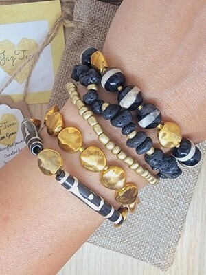 TRIBAL SET. Dzi agates bracelet stack. Metal gold flat beads with black and white agates.
