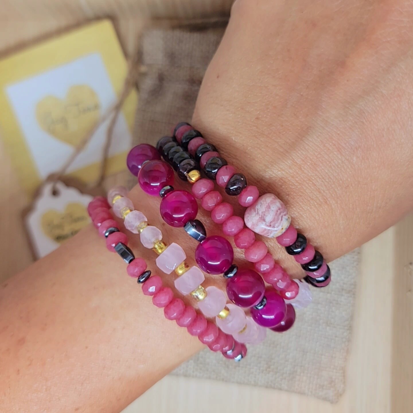 Lover stack of 5. Ruby Jade, chalcedony rose quartz, garnet valentine's bracelets with heart charms. Pink bracelets FOR LOVE AND COMPASSION.