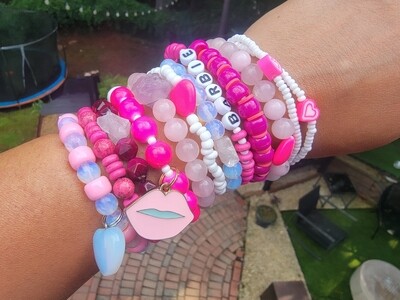 Barbie Girl limited edition bracelets a hot neon pink, white jade, opal, and pony beads hand made bracelets made with natural stones and a mix of fun beads.