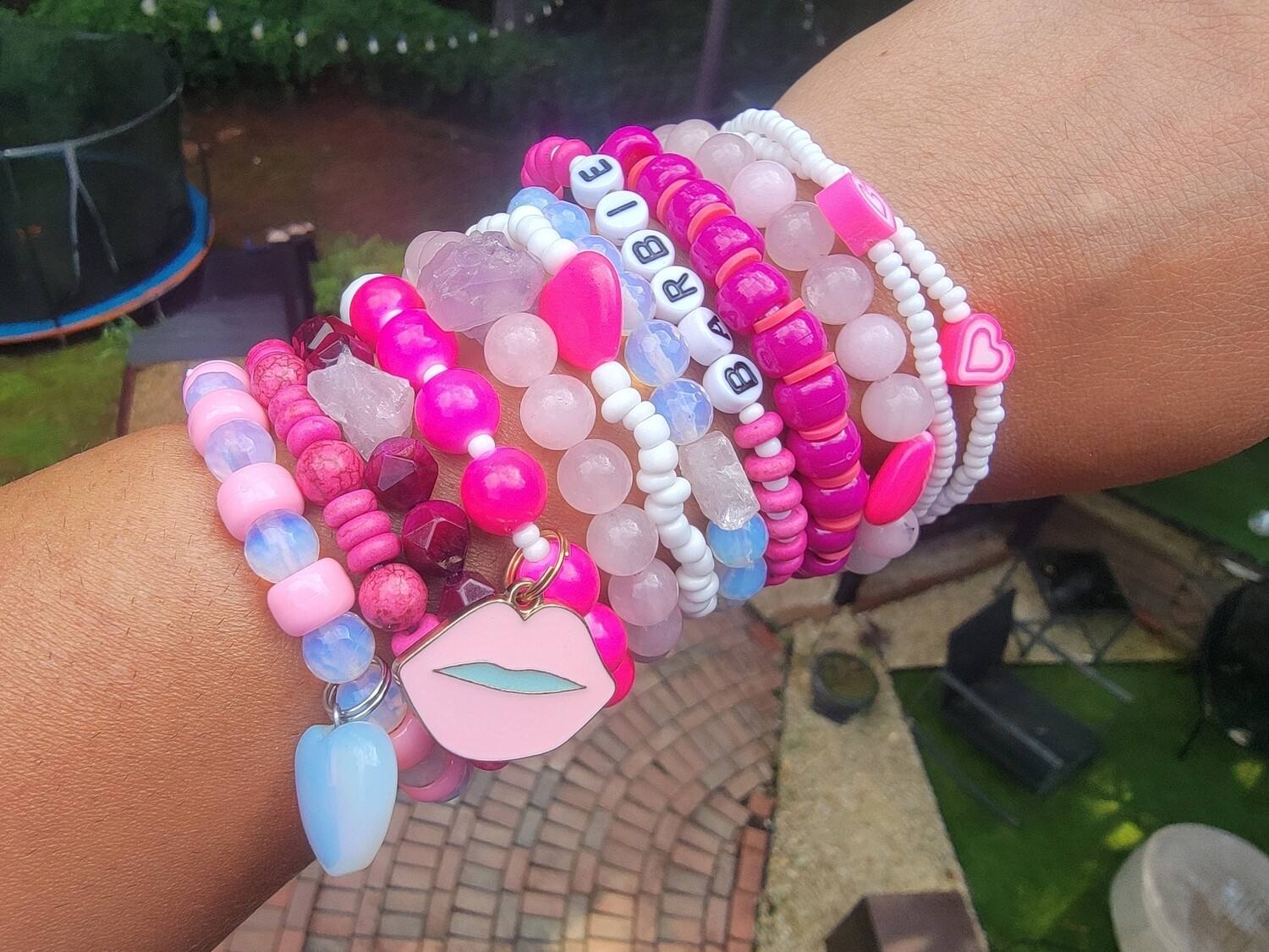 Barbie Girl limited edition bracelets a hot neon pink, white jade, opal, and pony beads hand made bracelets made with natural stones and a mix of fun beads.