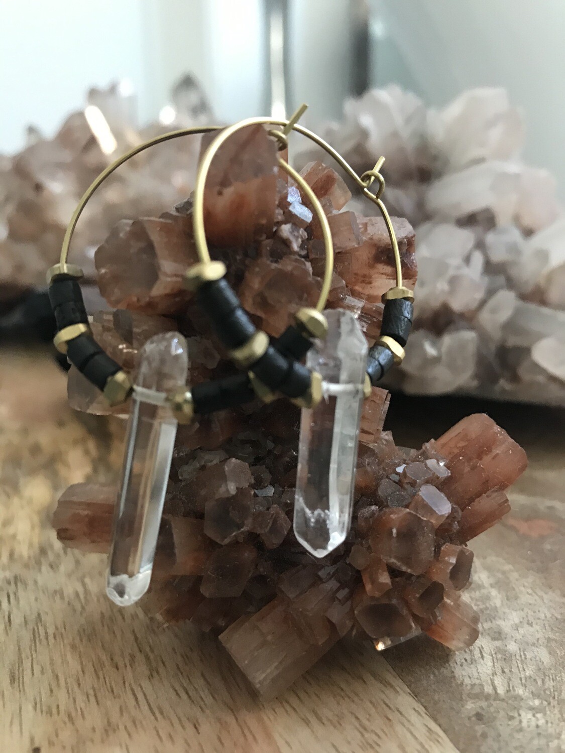 Dark Brown Ox Bone and Quartz Brass Hoop Earrings Dark Brown Ox Bone and Quartz Brass Hoop Earrings