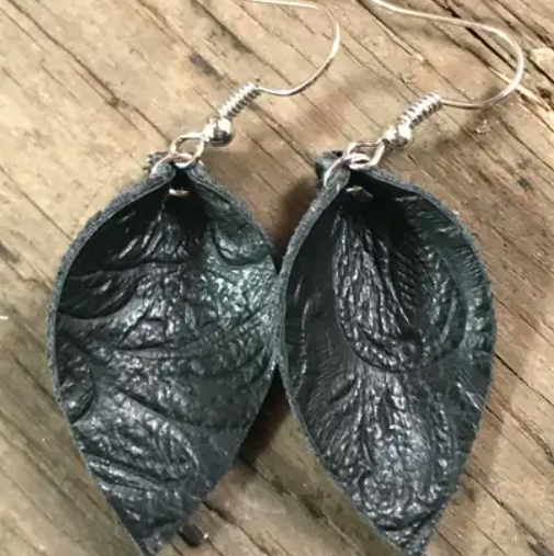 Black Embossed Leather Earrings - Medium Black Embossed Leather Earrings - Medium