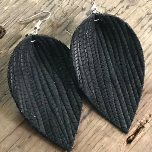 Black Palm Leaf Textured Leather Earring - Large Black Palm Leaf Textured Leather Earring - Large