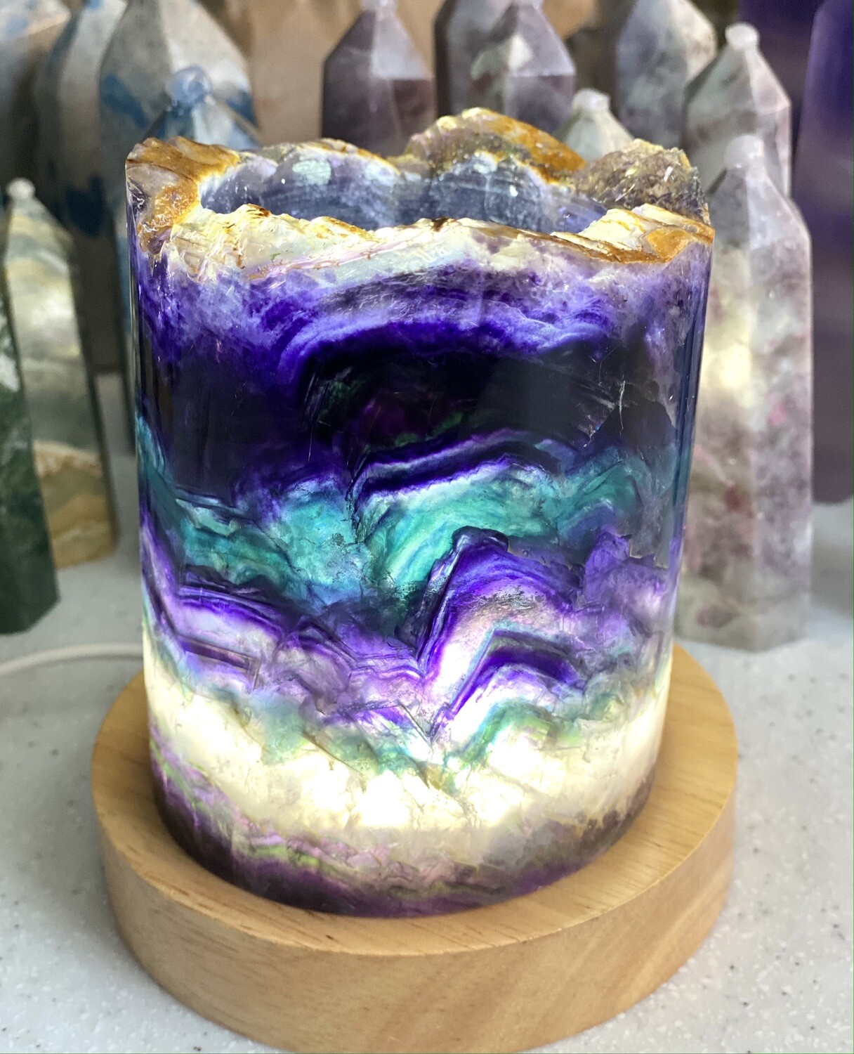Rainbow Fluorite Lamp(2) with Wooden LED USB light base Rainbow Fluorite Lamp(2) with Wooden LED USB light base
