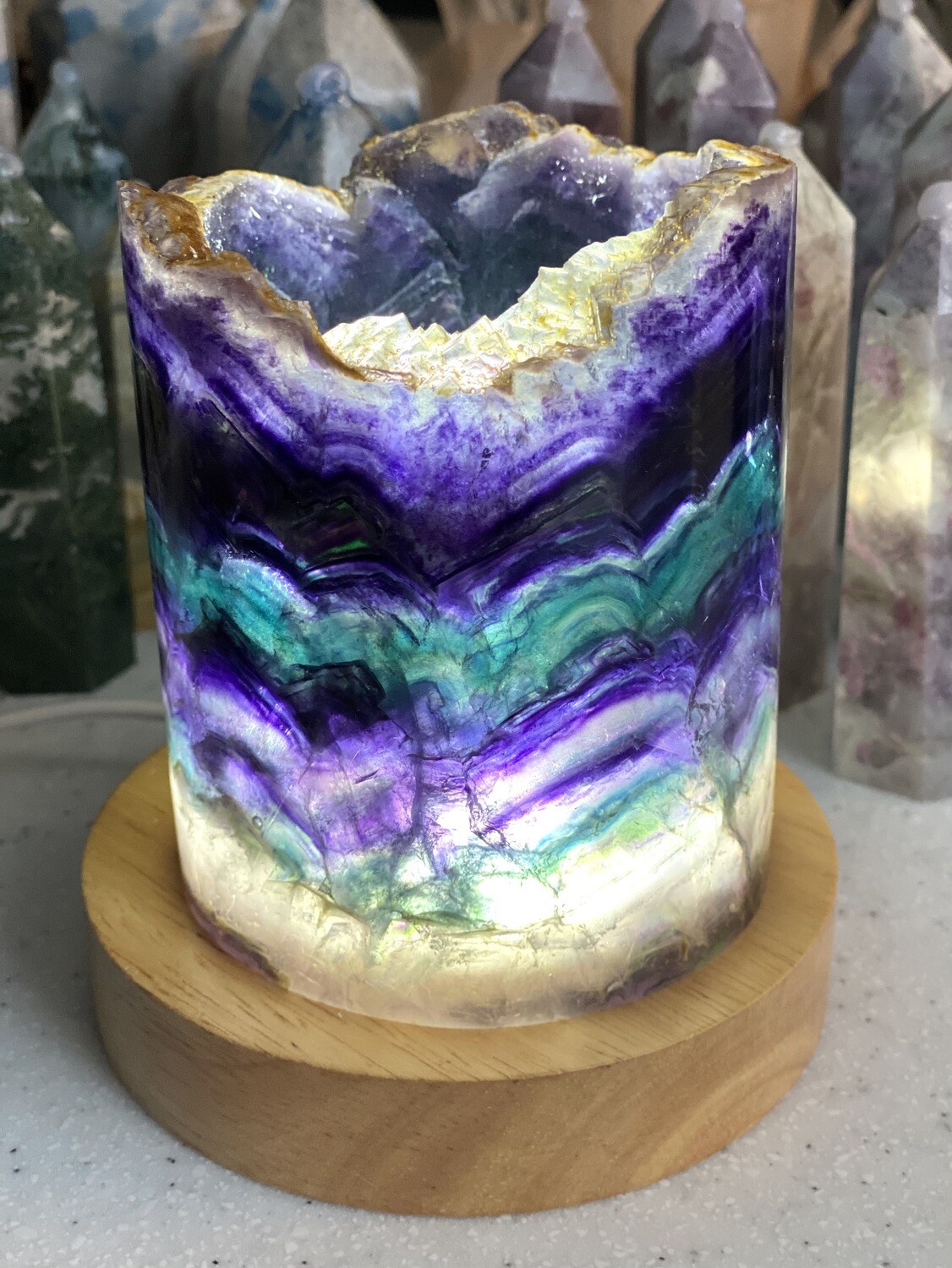 Rainbow Fluorite Lamp(6) with Wooden LED USB light base Rainbow Fluorite Lamp(6) with Wooden LED USB light base