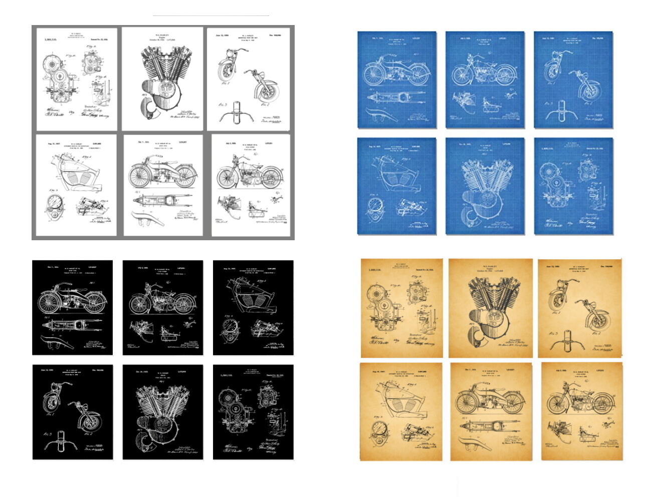 S1 Harley Davidson Patent Prints - BLACK - BLUEPRINT - AGED PAPER or WHITE - Set One