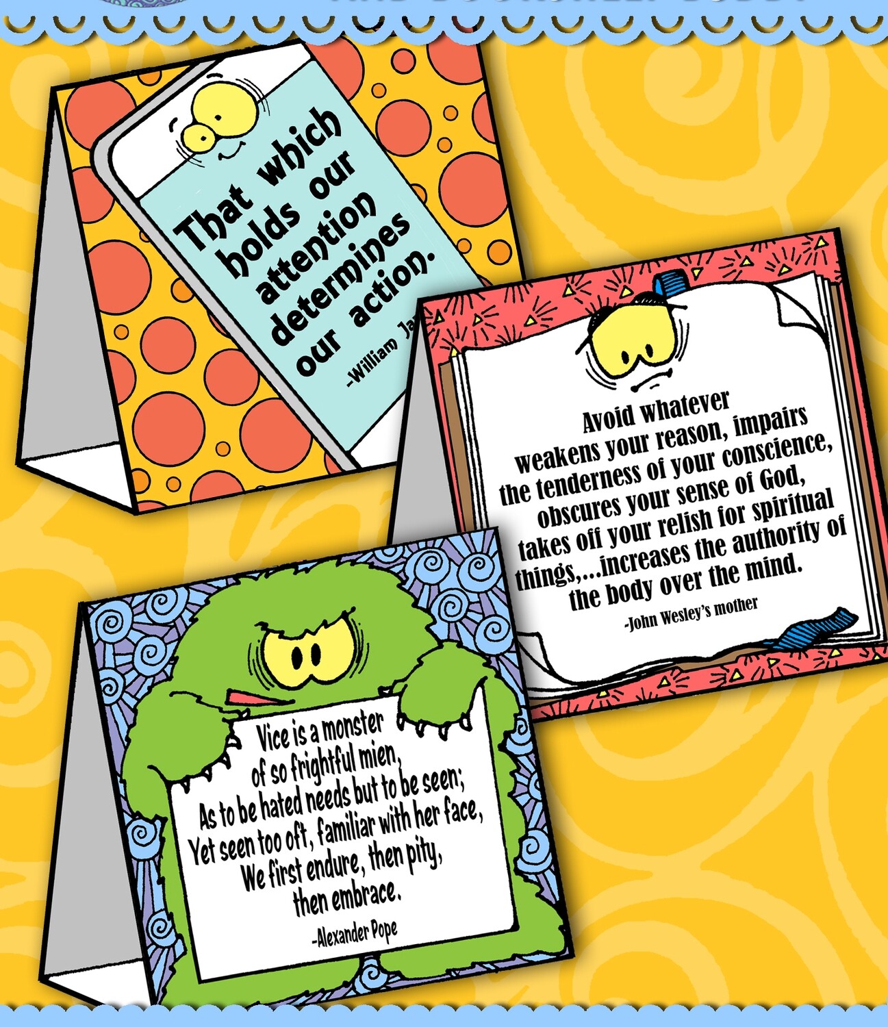 MEDIA INFLUENCES: TV Topper, Phone Friend, and Bookshelf Buddy tent-cards