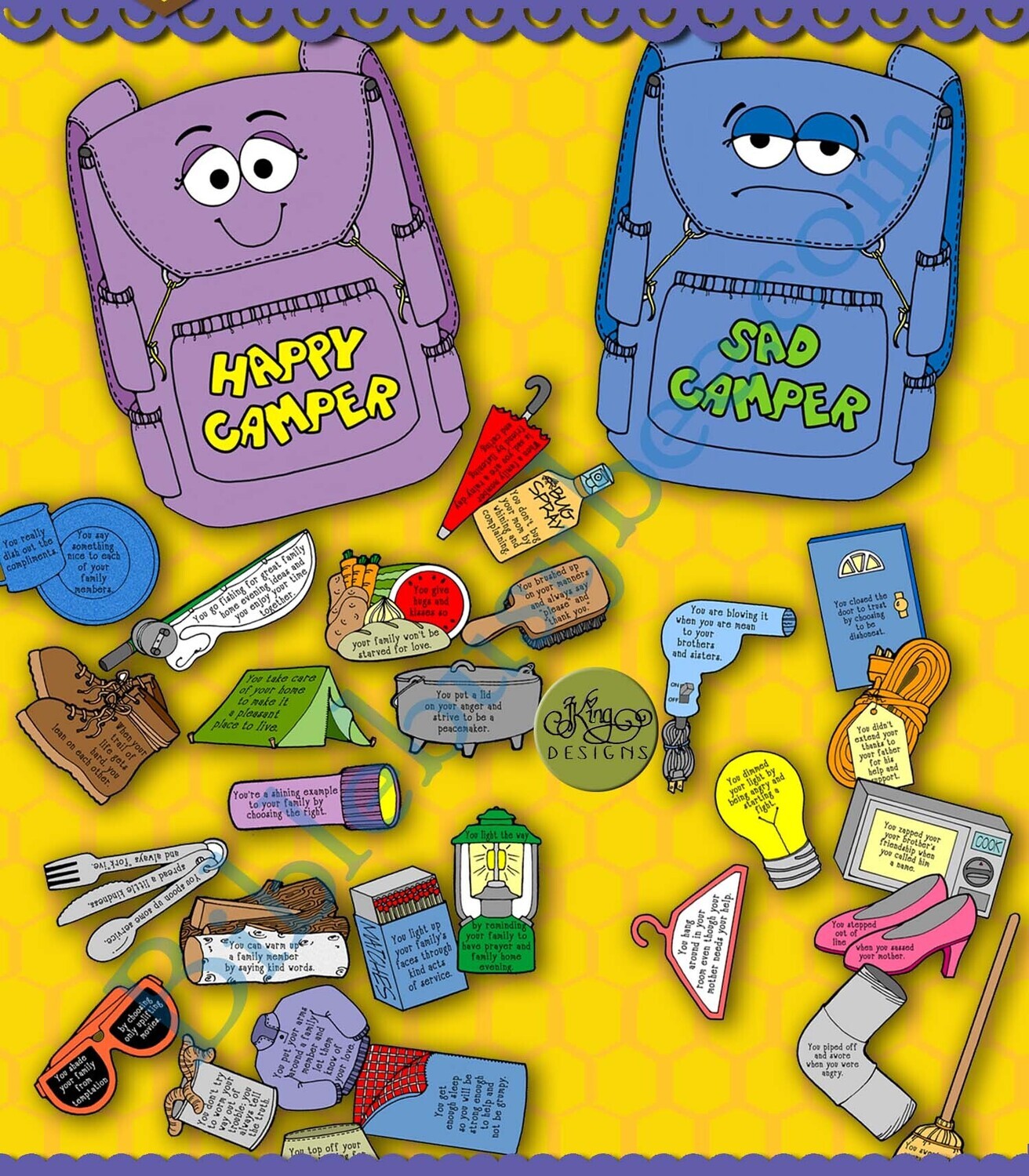 BE A HAPPY CAMPER Backpacks with happy and sad decisions