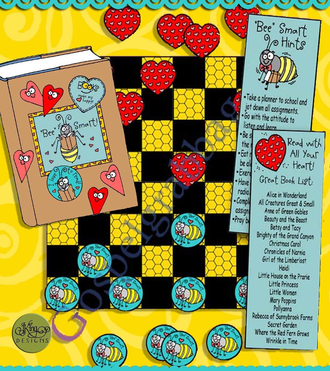 Bee Smart: book cover, bookmark, checkers