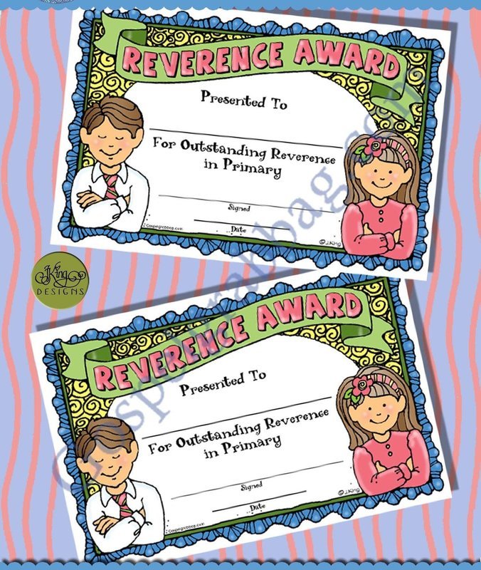 Reverence Award Certificate for Primary &amp; Singing