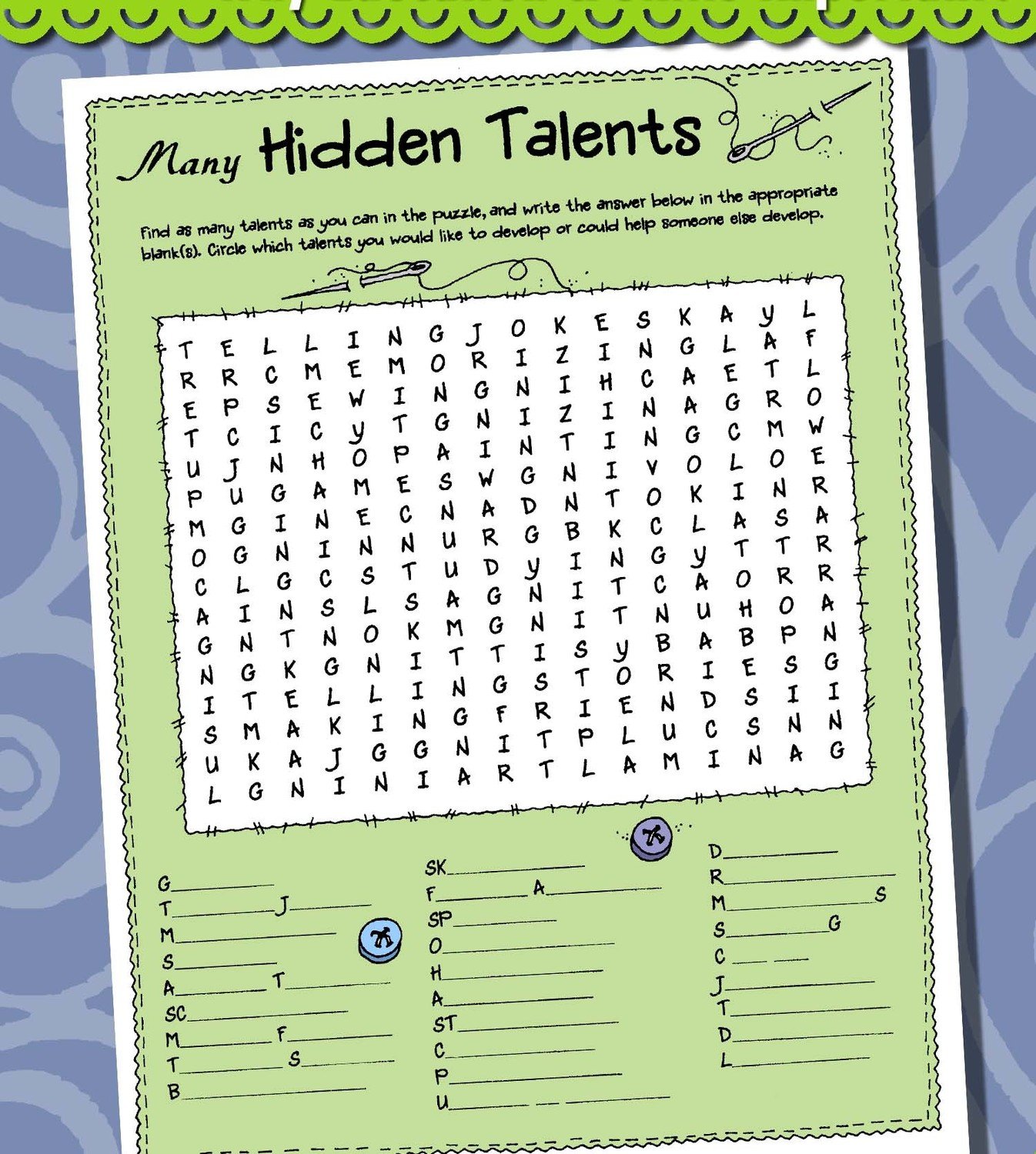 Many Hidden Talents wordsearch puzzle