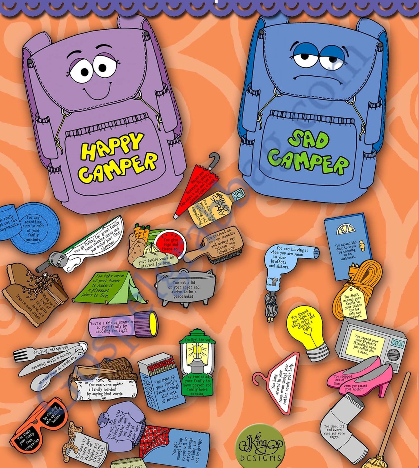 BE A HAPPY CAMPER Backpacks with happy and sad decisions