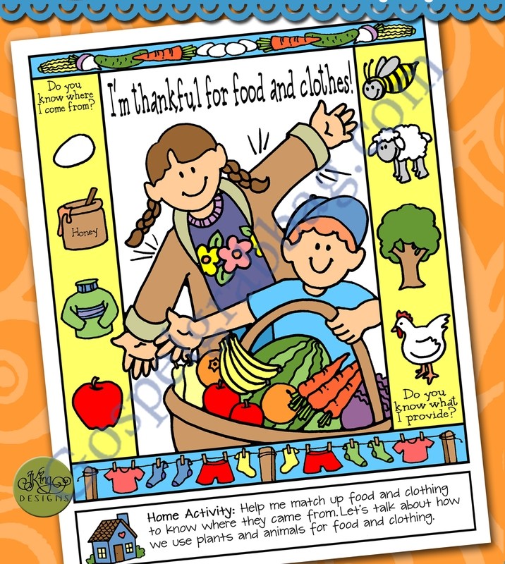 I'm thankful for food and clothes! poster or coloring page (Lesson 15)