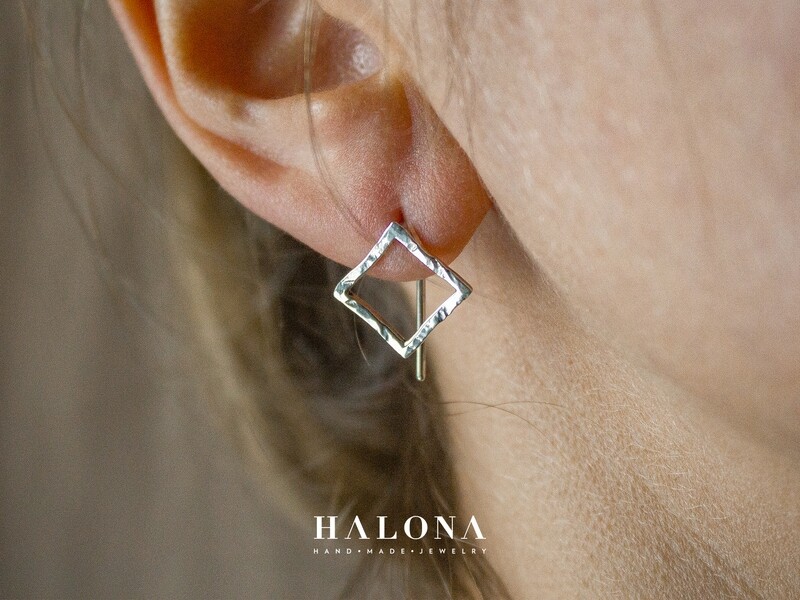 Silver Earrings, hammered squares ear jacket Earrings