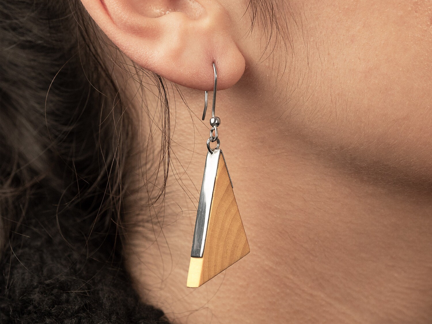 Triangle Earrings, Handmade modern silver and wood drop Earrings.