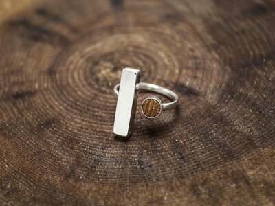 Geometric statement ring. Handmade modern silver and wood ring.