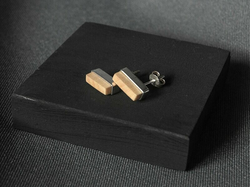 Geometric Earrings, Handmade modern silver and wood stud Earrings.