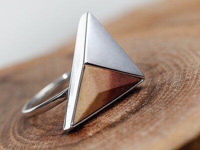 Geometric statement ring. Handmade modern silver and wood ring.