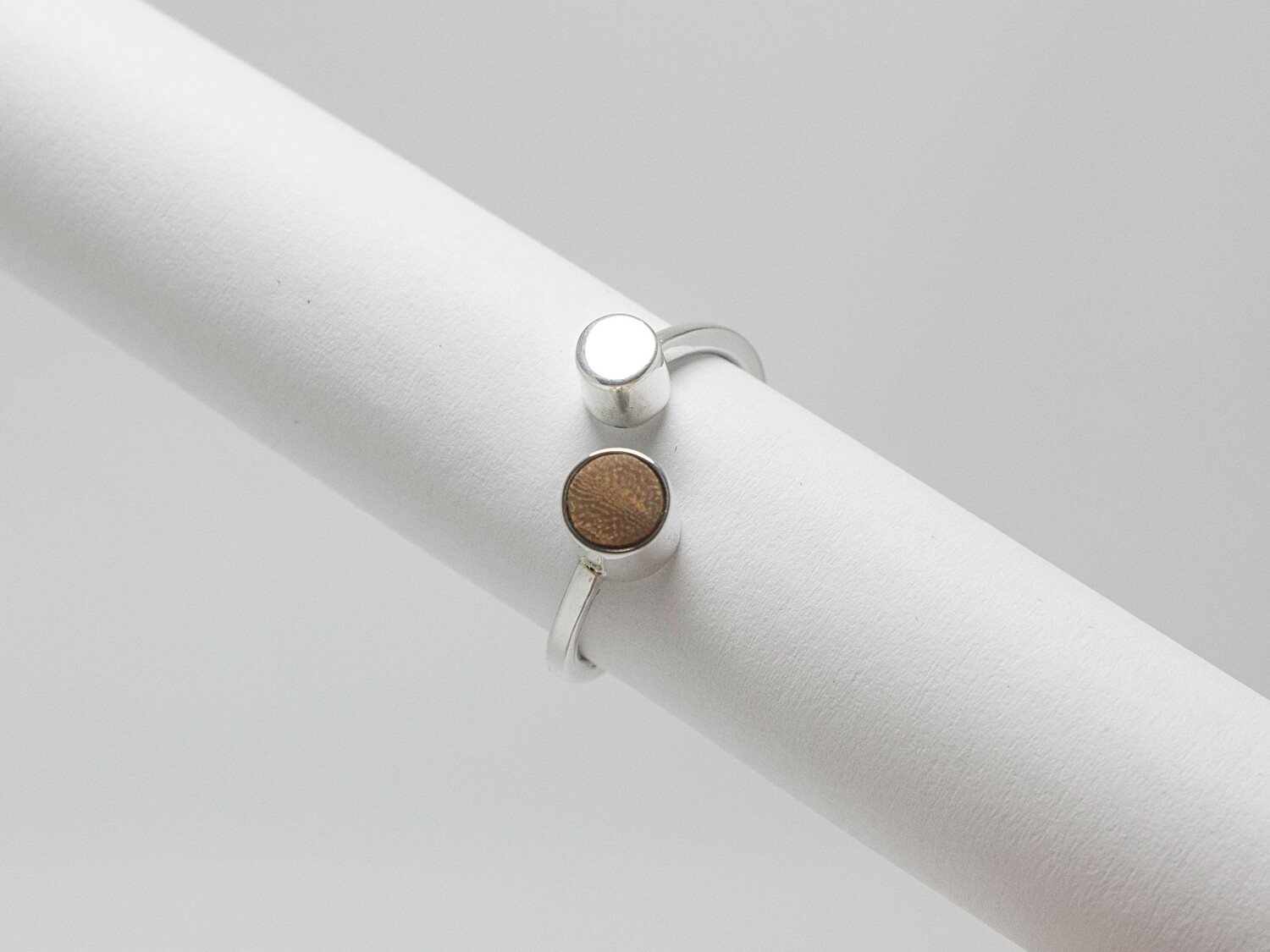 Geometric statement ring. Handmade modern silver and wood ring.