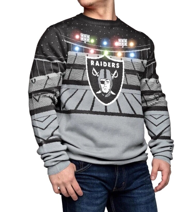Las Vegas Raiders Men’s Bluetooth Team Speaker & Light Up Ugly Christmas Sweater, Size: Small