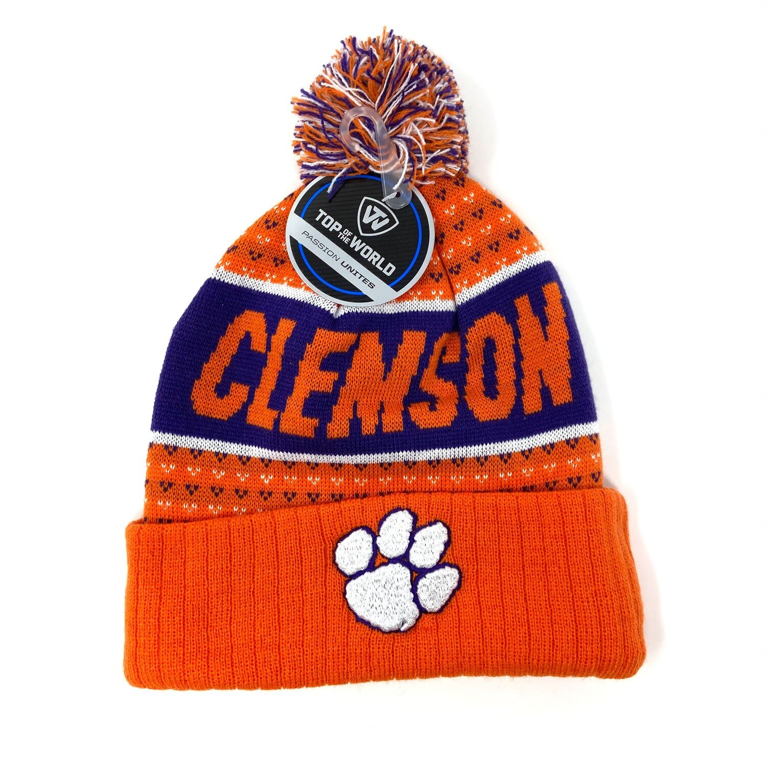 Clemson Tigers Men's Top of the World Cuffed Pom Knit Hat
