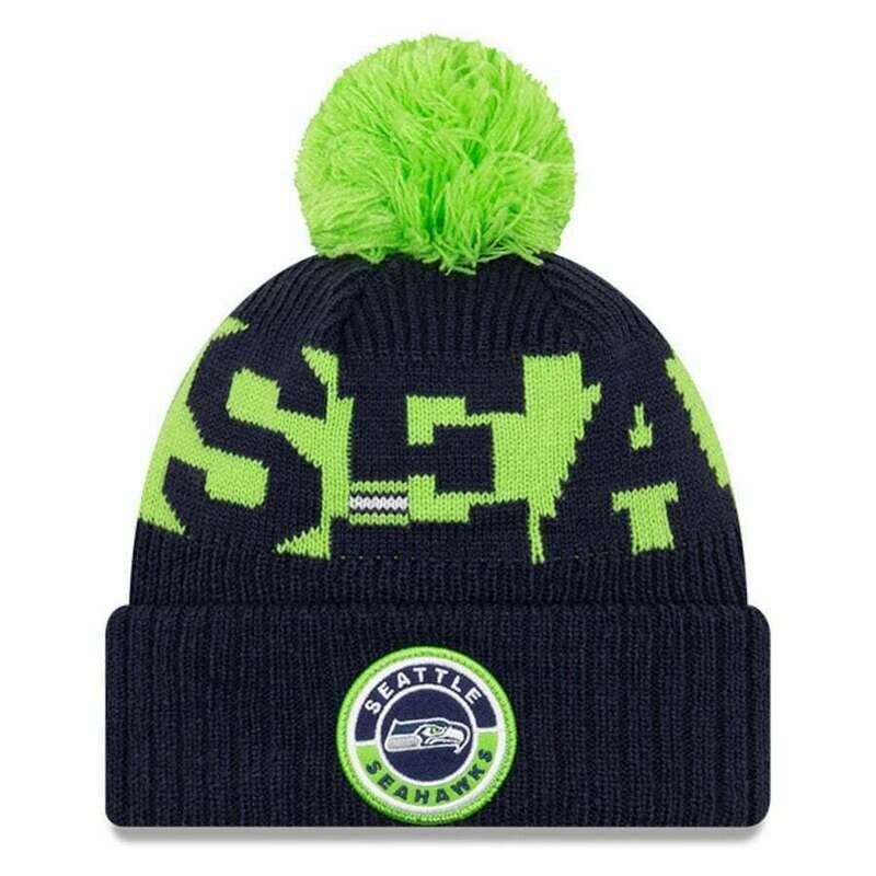Seattle Seahawks Navy Men’s New Era NFL Sideline Pom Cuffed Knit Hat