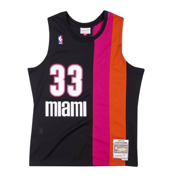 Miami Heat Alonzo Mourning 2005-06 Men's Black, Pink & Orange Mitchell & Ness Swingman Jersey