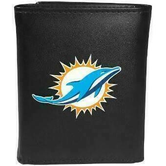 Miami Dolphins Fine Grain Leather Tri-Fold Black Wallet