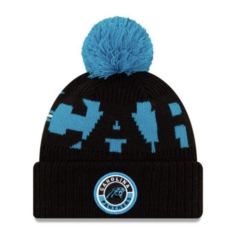 Carolina Panthers Men's Blue/Black New Era NFL Sideline Official Sport Pom Cuffed Knit Hat
