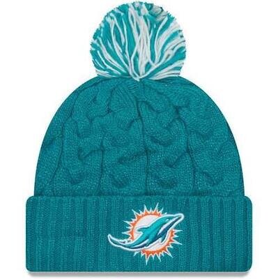 Miami Dolphins Women's Aqua Cozy Cable New Era Cuffed Pom Knit Hat