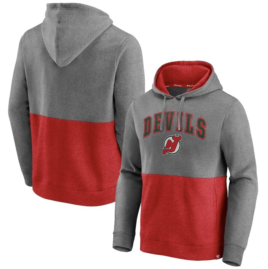 New Jersey Devils Men’s Fanatics Branded Heathered Gray/Red Block Party Classic Arch Signature Pullover Hoodie