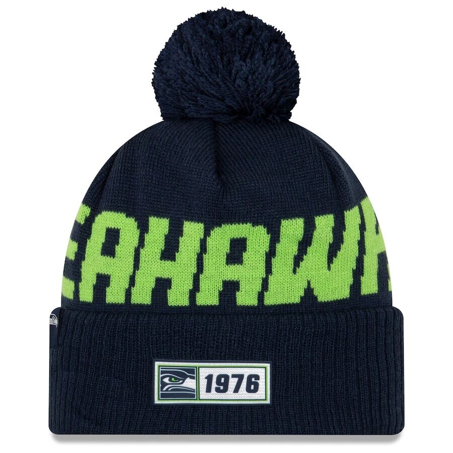 Seattle Seahawks Navy Men’s New Era On Field Pom Cuffed Knit Hat