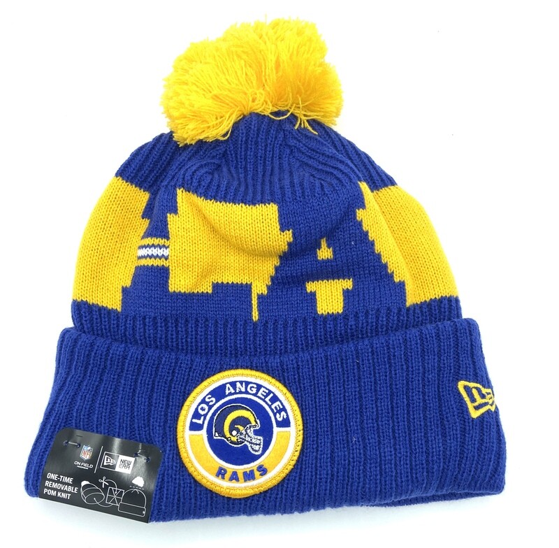Los Angeles Rams Men's New Era NFL Sideline Official Sport Pom Cuffed Knit Hat Blue/Yellow