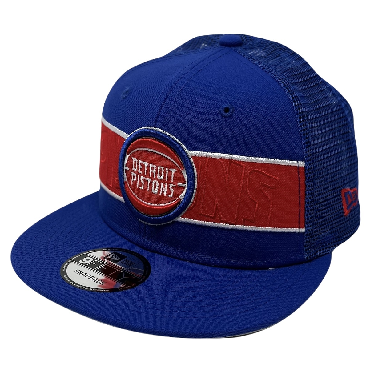 Men's Detroit Pistons New Era Blue A-Frame 9FIFTY Snapback Trucker Hat