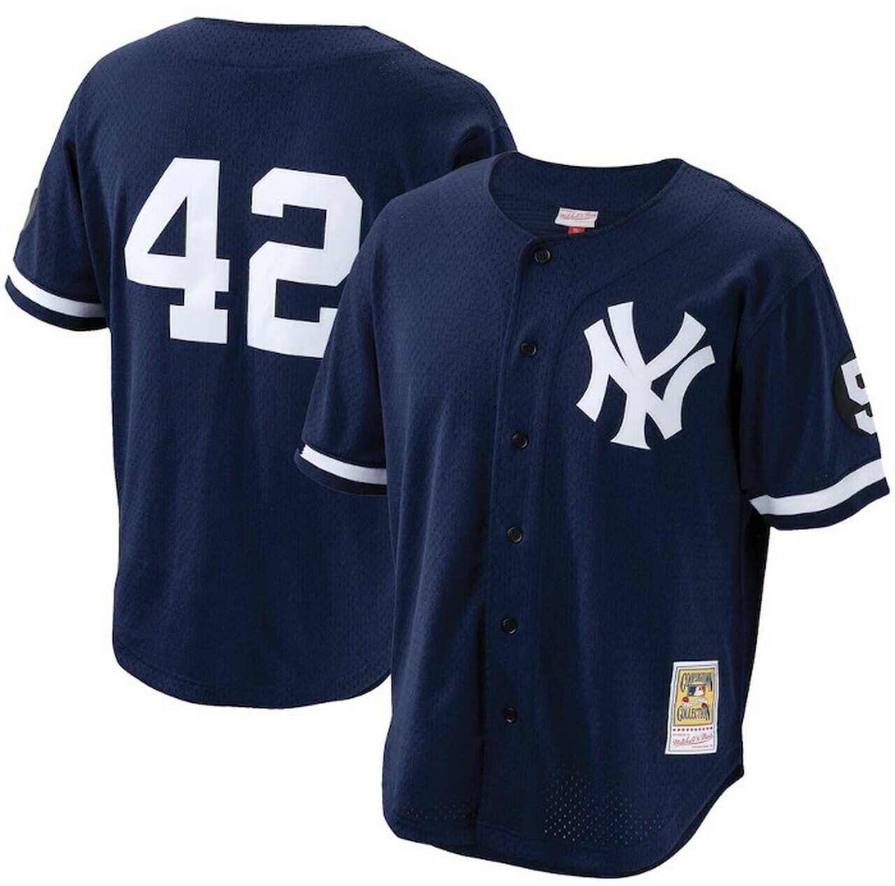 New York Yankees Mariano Rivera 1999 Men’s Blue #5 Sleeve Patch Mitchell & Ness Full Button Mesh Jersey