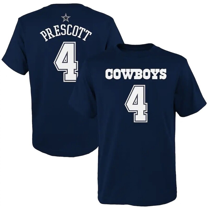 Dallas Cowboys Dak Prescott Kids Navy Mainliner Player Name & Number T-Shirt