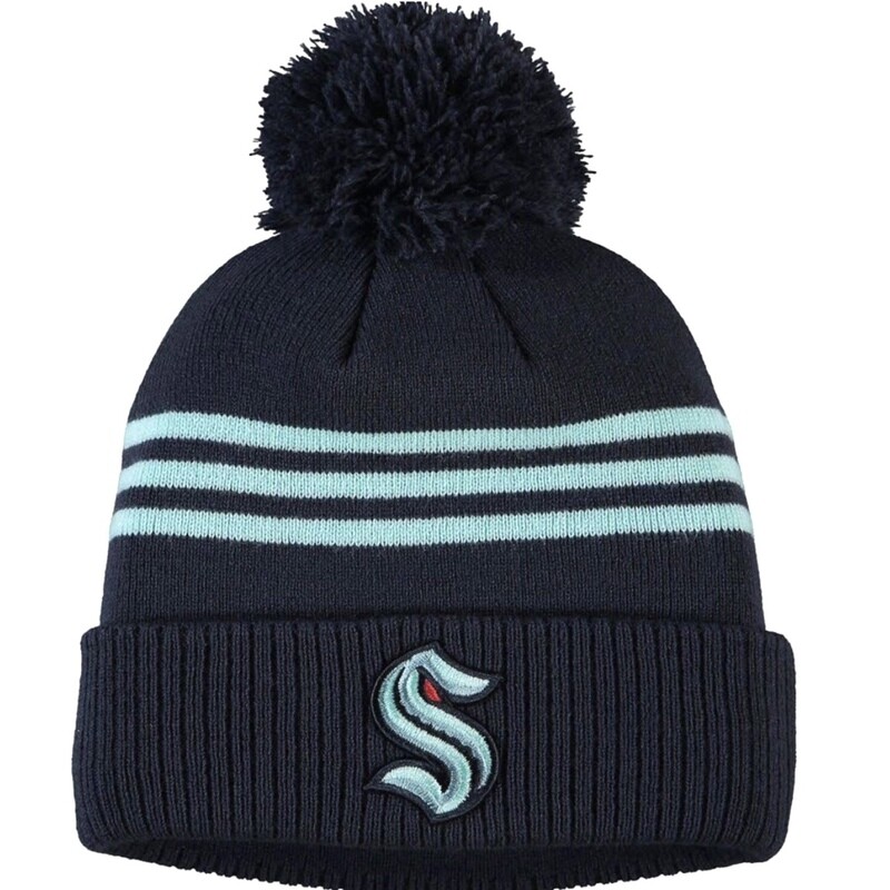 Seattle Kraken Men's Adidas Striped Cuffed Pom Knit Hat