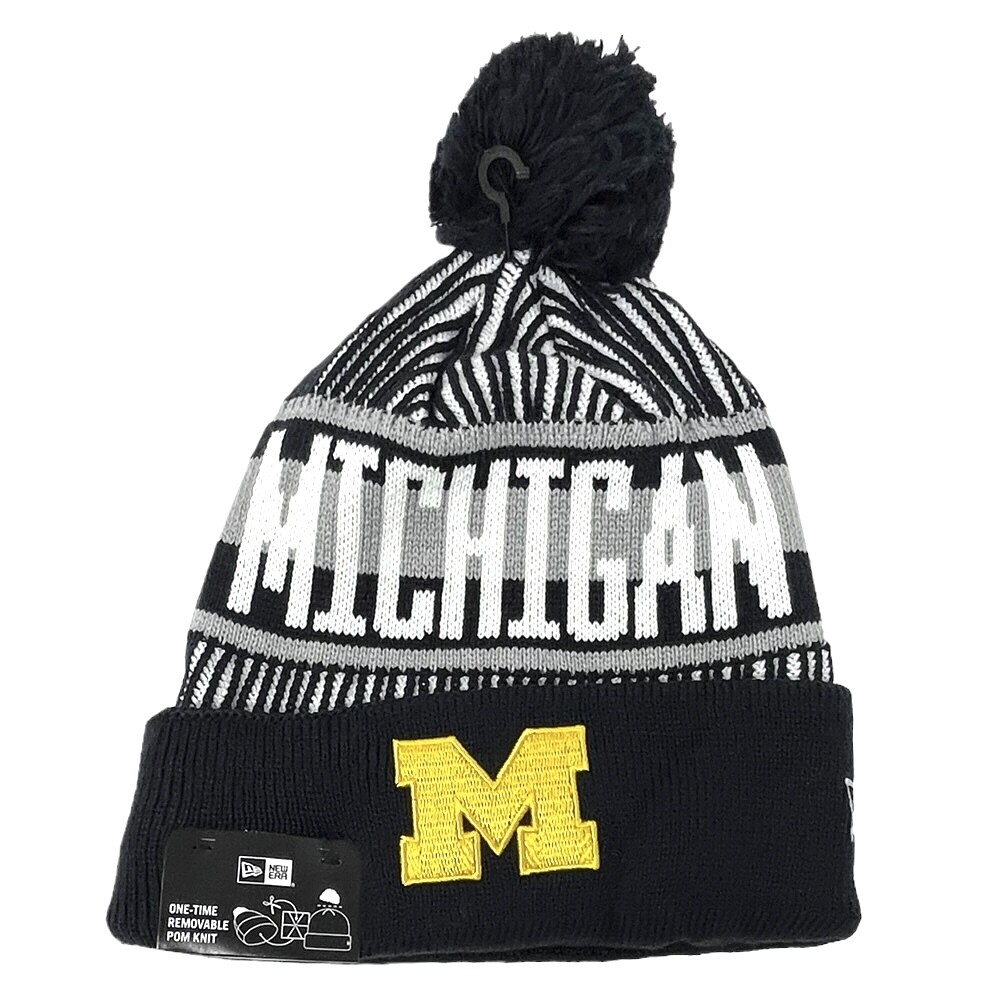 Michigan Wolverines Men's New Era Striped Cuffed Pom Knit Hat