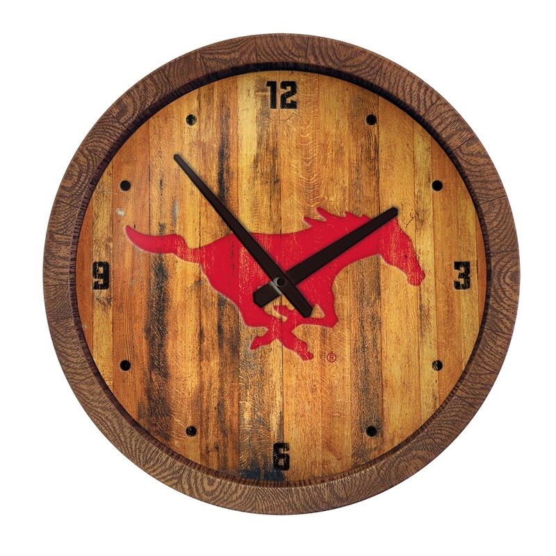 SMU Mustangs Weathered "Faux" Barrel Top Wall Clock