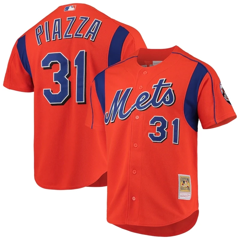 New York Mets Mike Piazza 2004 Men's Orange Mitchell & Ness Mesh Full Button Up Jersey