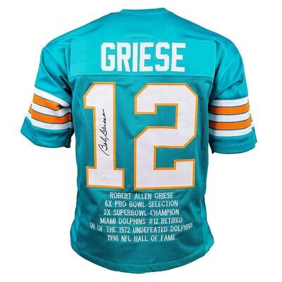 Miami Pro Style Bob Griese Teal Stats Autographed Jersey