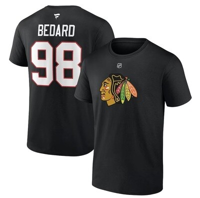 Chicago Blackhawks Connor Bedard Men’s Fanatics Branded Black 2023 NHL Draft Authentic Stack Player Name & Number T-Shirt