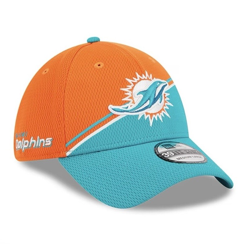 Miami Dolphins Men’s New Era Aqua/Orange 2023 Sideline 39THIRTY Flex Hat