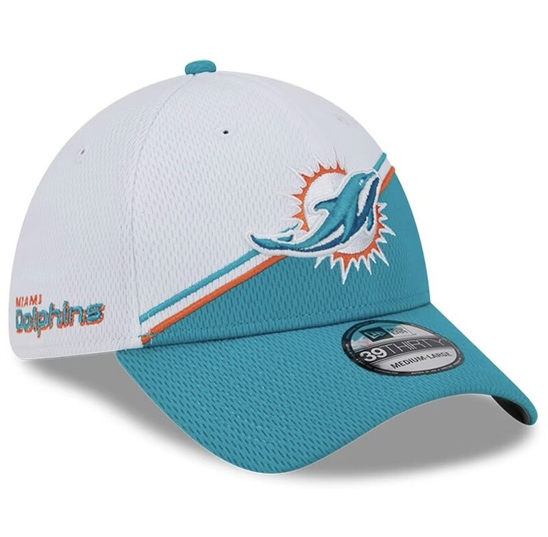 Miami Dolphins Men’s New Era Aqua/White 2023 Sideline 39THIRTY Flex Hat
