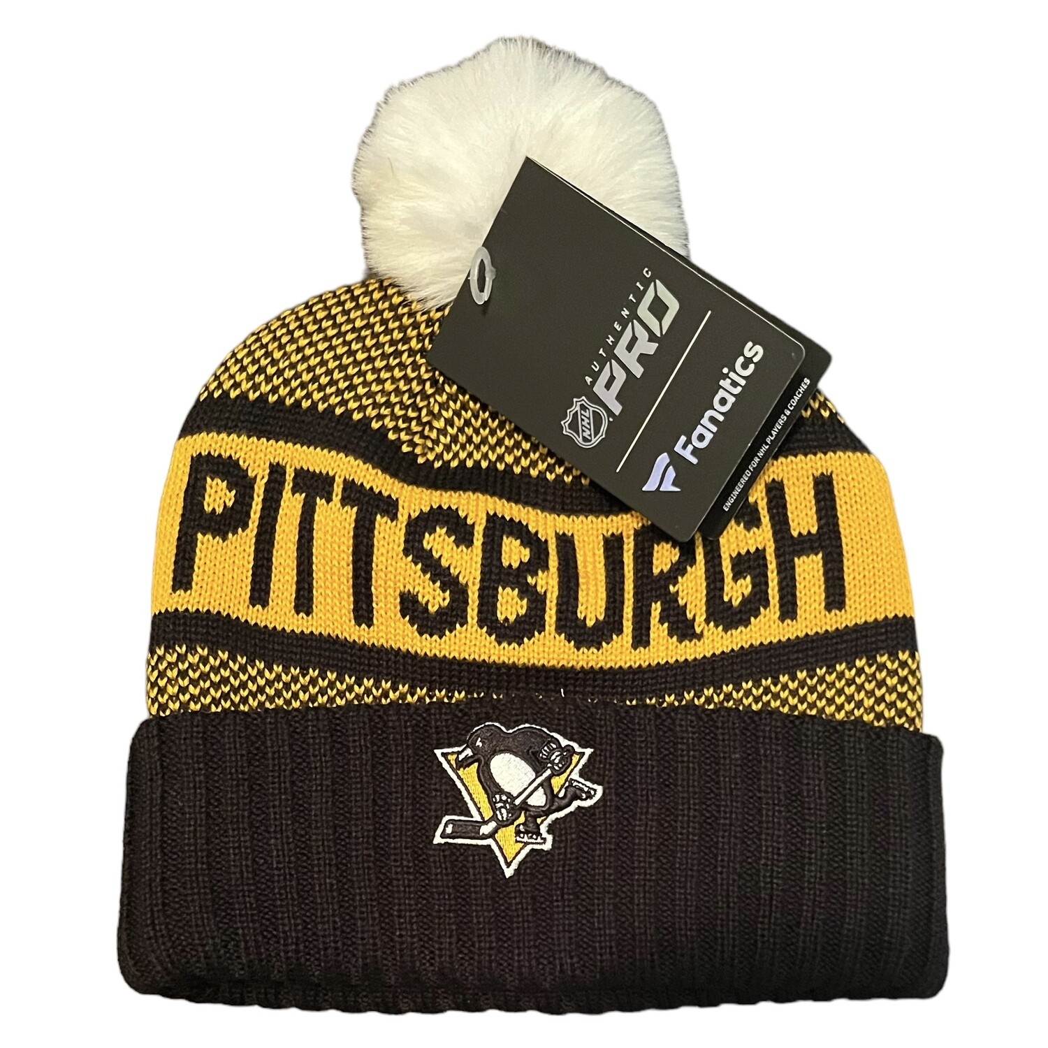 Pittsburgh Penguins Men’s Fanatics Branded Black/Yellow Authentic Pro Cuffed Knit Hat with Pom