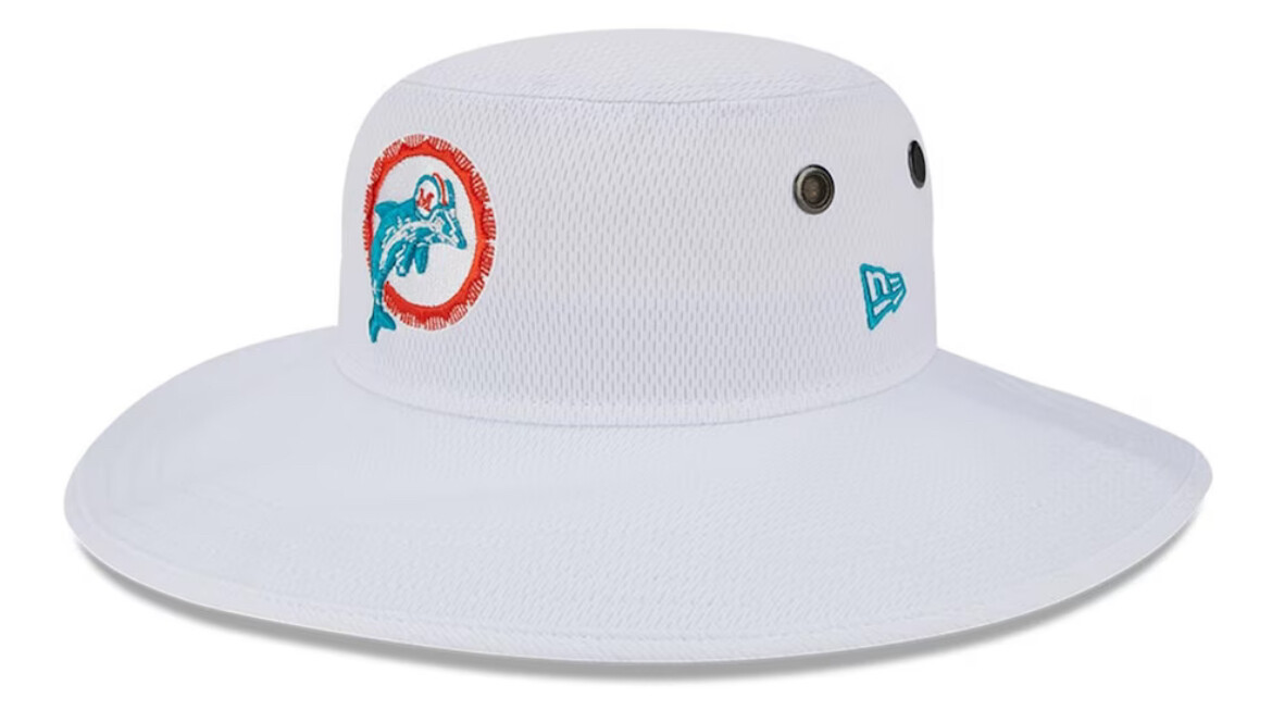 Miami Dolphins Men’s White New Era 2023 NFL Training Camp Stretch Panama Bucket Hat